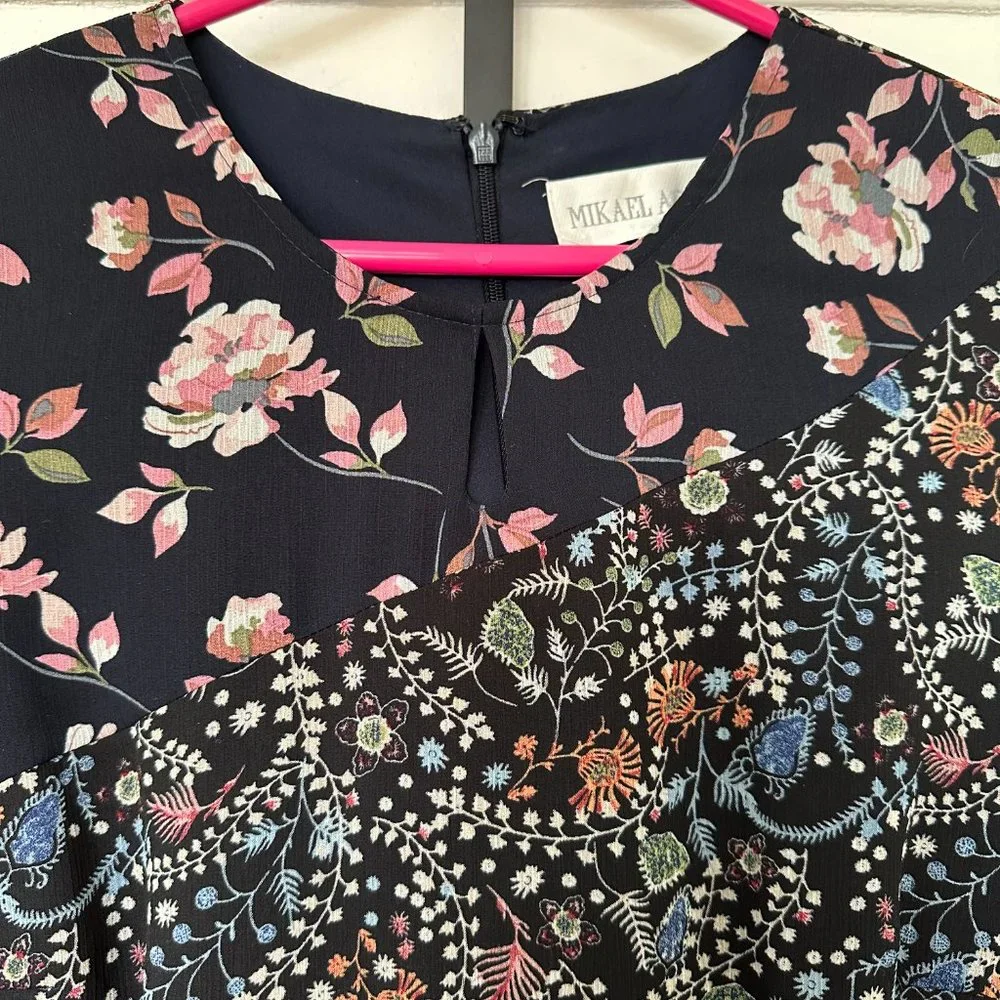 Mikael Aghal Pleated Floral-Print Crinkled Georgette Gown Midnight Blue Size 10 - Picture 4 of 7